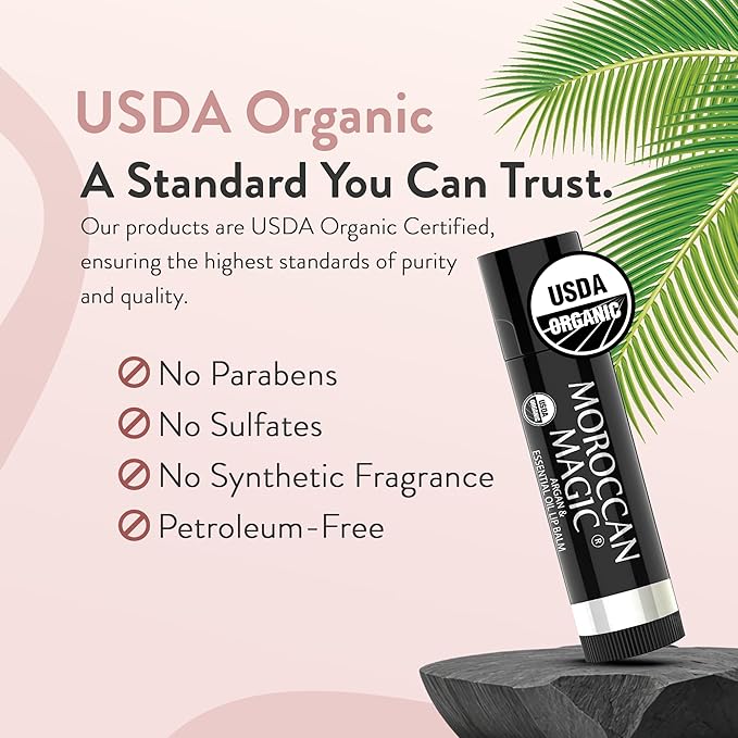 Moroccan Magic Organic Unscented Lip Balm 3 Pack | Ultra-Hydrating Argan Oil Lip Moisturizer + Vitamin E | Natural Chapstick for Dry Lips | Smooth, Non-Toxic | Organic Lip Balm