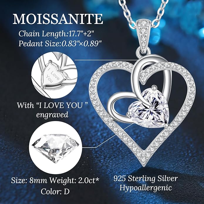 OOBEE Birthstone Necklaces for Women, 925 Sterling Silver Gemstone Fine Love Heart Moissanite Necklace, Ideal Birthday Anniversary Mothers Day Jewelry Gifts for Wife Mom Girlfriend Her