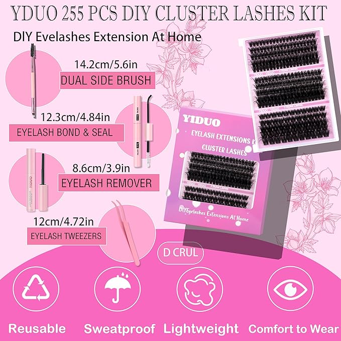 YIDUO Lash Clusters Lashes Kit Volume D Curl Wispy Individuals Eyelash Extensions, Volume Studio Effect, Fake Eyelashes 255Pcs All-in-1 Pack with Glue |Tweezers |Removers |Eyelash & Eyebrow Brush