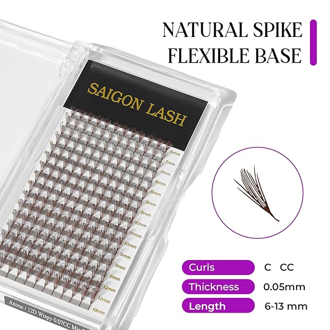 SAIGON LASH Anime Lash Kits Promade Fans –3D & 12D Wispy Volume Lashes, CC Curl 0.07, Mixed Length 6–13mm, Loose Handmade Extensions for Lash Artists (Dark brown-CC-0.05-6 - 13mm)