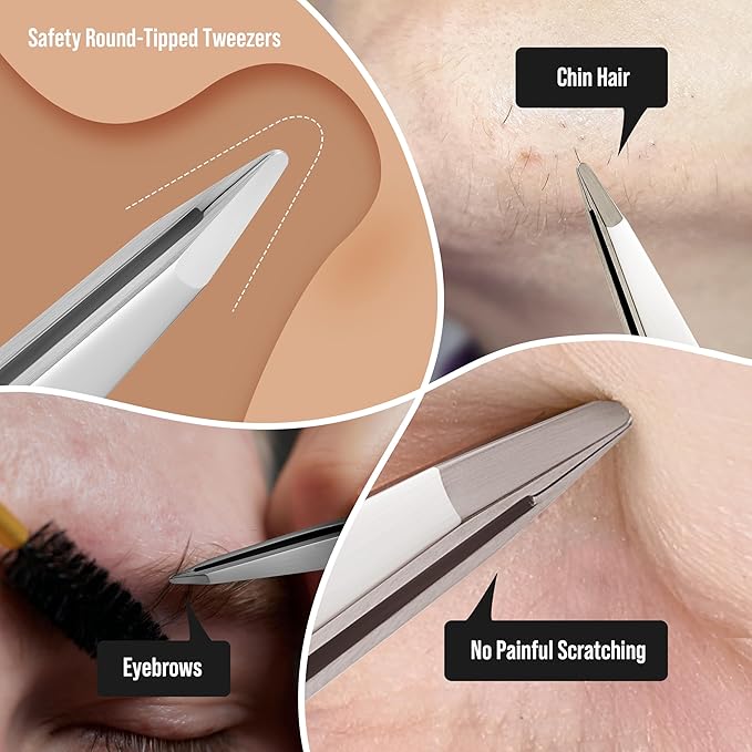 DUROX Round-Tip Tweezers — Gentle Chin & Facial Hair Removal for Women. Precision tweezers with small rounded/blunt tips for safe brow shaping and chin hair removal. Made of Stainless Steel