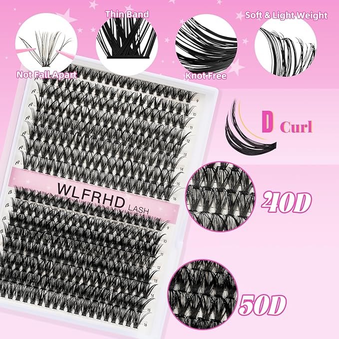 WLFRHD Lash Clusters Kit 320 Pcs DIY Individual Cluster Lashes D Curl Lash Extension Kit with Eyelash Bond and Seal, Remover, Tweezers Applicator for False Eyelash Cluster Kit(40D+50D, Mix9-16mm Kit)