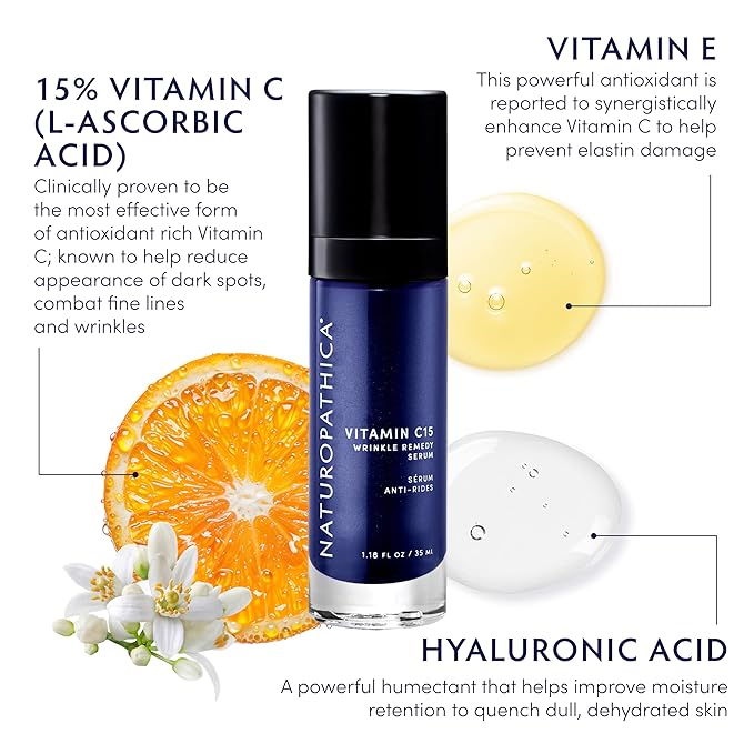 Naturopathica Vitamin C15 Wrinkle Remedy Serum for Face, Moisturizing Serum with Hyaluronic Acid, Anti-Aging Face Serum for Men and Women, 1.18 fl oz