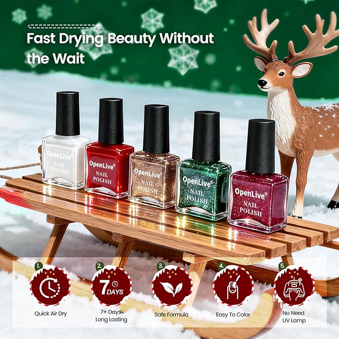 OpenLive Christmas Nail Polish Set 10 Colors and Base Coat and Top Coat Red Green Glitter Gold Silver Nail Polish Kit Quick Dry Manicure Nail Art Manicure DIY Home Salon Gift for Women Girls