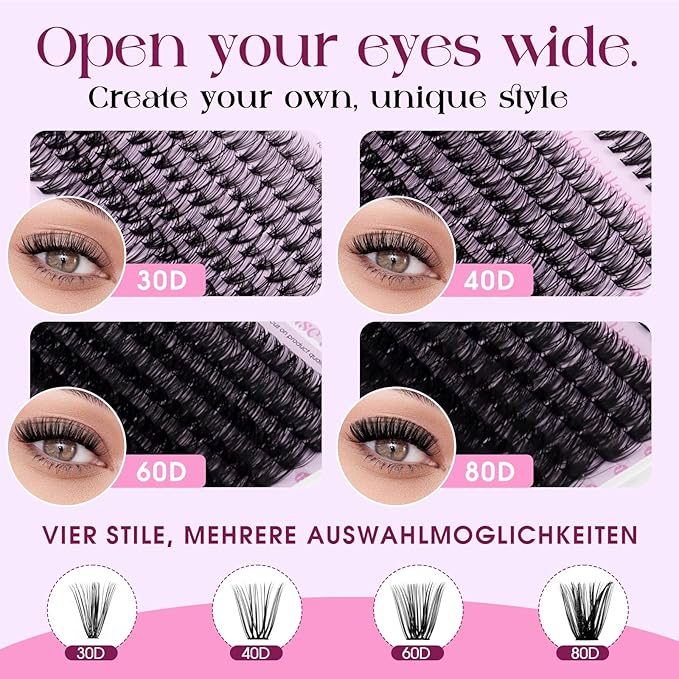 Lash Clusters 30D+40D+60D+80D Wispy Individual Lashes D-Curly Volume Lash Extensions 10-18mm Natural DIY Cluster Lashes for Beginners