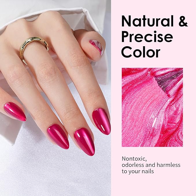 Canvalite Short Almond Press On Nails, 30Pcs Cat Eye Press on Nails Reusable Acrylic Fake Nails with Glue & Glue Remover Easy to Use Manicure Kit for Women, Rose Red
