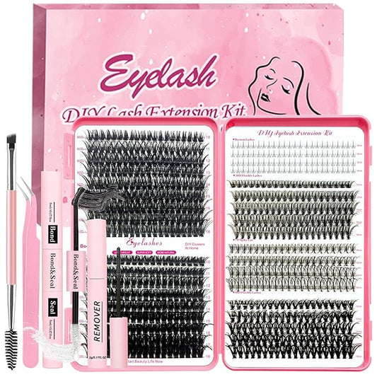 Qiveaory DIY Lash Extension Kit 727 Pcs Individual Lashes Clusters with Bottom Lashes Lash Bond and Seal,Eyelash Remover Tweezers Brush Eyelash Extension Set Lash Books DIY at Home