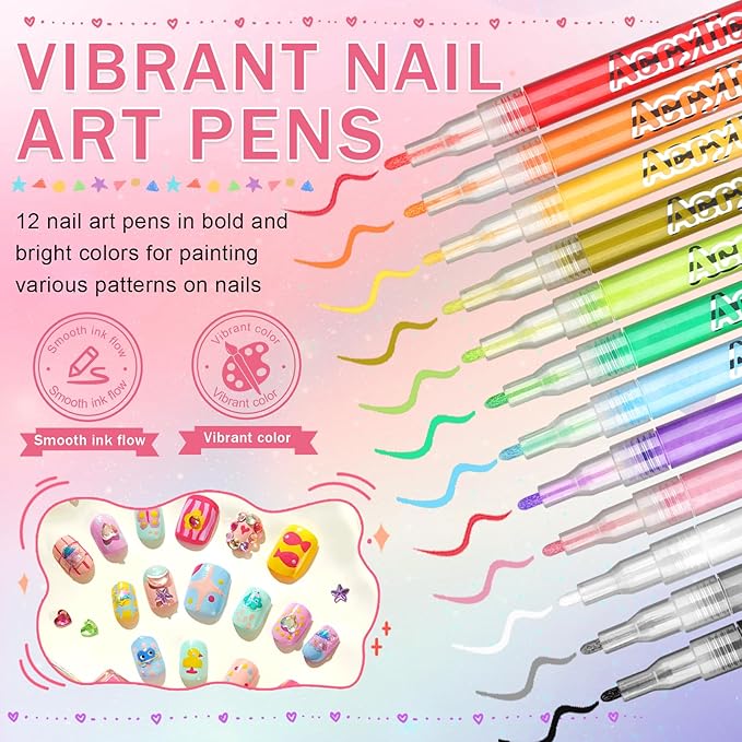 IONSGAKO 12 Colors Nail Art Pens Set, Nail Polish Pens for Nail Art Quick Drying 3D Acrylic Paint Markers for Painting Dotting Liner Pen Nail Salon DIY Design Kit