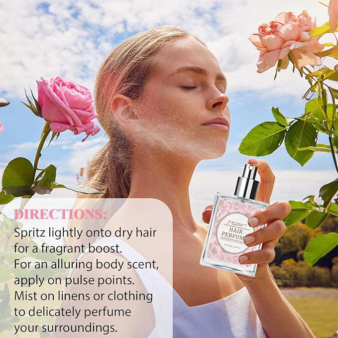 Hair Perfume for Women - Long-Lasting Scent, Frizz Control & Odor-Eliminating Formula, Pheromone-Infused, Hair & Body Fragrance Mist, Perfume Oil Nourishes & Hydrates, Fresh Romantic Rose Scent