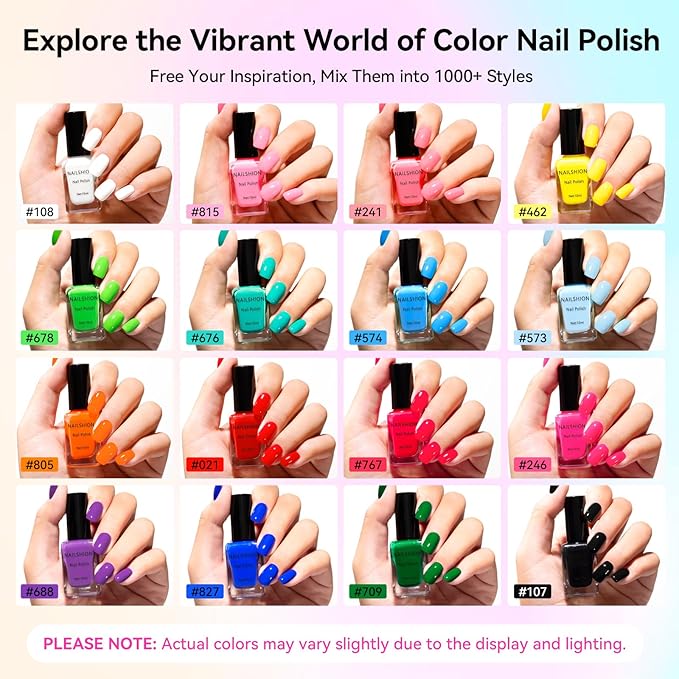Nailshion Nail Polish 16 Colors Rainbow Air Dry Regular Nail Polish Set with Base Top Coat & Remover Pads| White Red Classic French Fingernail Polishes Non-gel Bulk Gift for Nail Art Lovers
