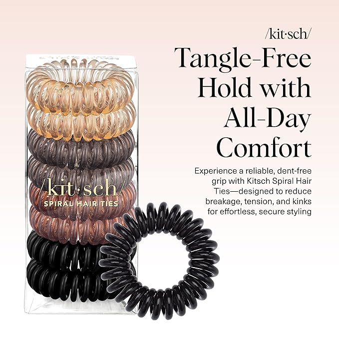 Kitsch Spiral Hair Ties for Women – Hair Ties No Damage, Ponytail Holders for Thick and Thin Hair – Creaseless and Dent-Free Coil, Phone Cord Style | Ideal Gifts for Women - 8pc Set, Brunette