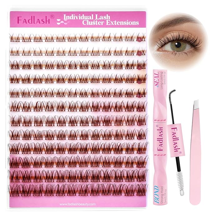 FADLASH Lash Extension Kit Fluffy Brown Lash Clusters 0.07 D Curl Wispy Eyelash Clusters with Lash Bond and Seal Lash Tweezer DIY Lash Clusters Kit for Beginners at Home(SNR028-0.07D, 8-16mm Kit)