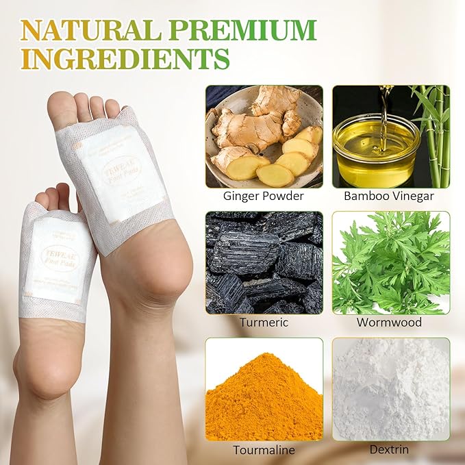 TEWEAE 32 Pads Foot Pads Natural Turmeric & Ginger, Wormwood, Bamboo Vinegar, Included 32Pads Goodnight Patches and 32 Adhesive Sheets