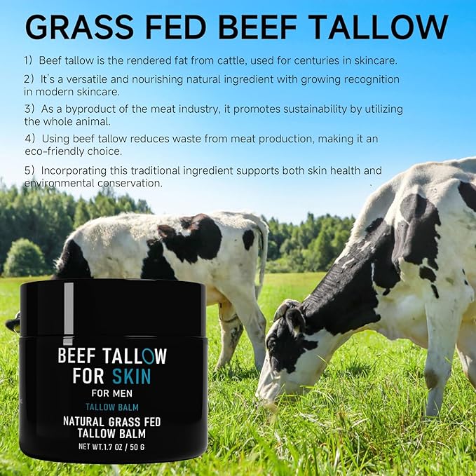 pekinly Beef Tallow for Skin, Beef Tallow Skin Care for Men, Mens Skincare Moisturizer for Face Neck Deeply Nourishing and Moisturizing, Unscented Original Tallow Face Moisturizer for Men, 1.7 OZ