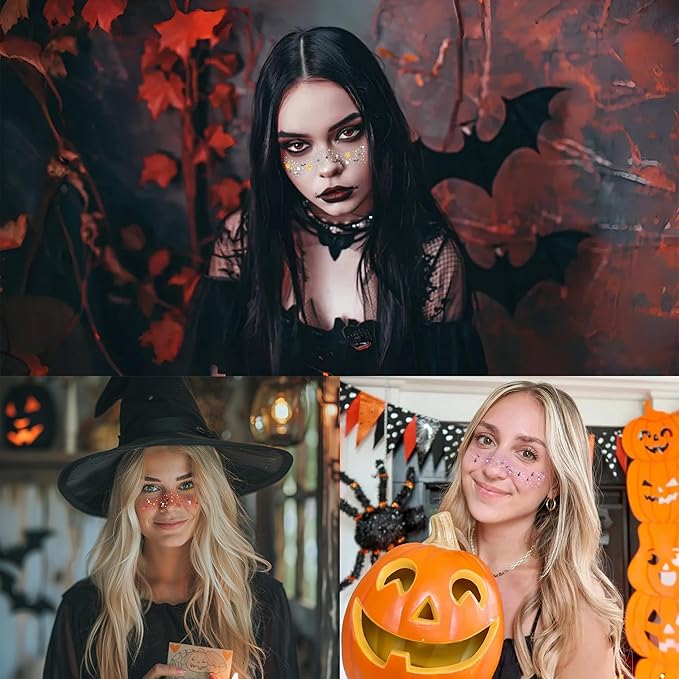 8 Pcs Halloween Glitter Tattoos, Halloween Glitter Freckles Face Tattoos Stickers, Waterproof halloween Rave Accessories Face Temporary Tattoos Makeup Kit for Women and Kids