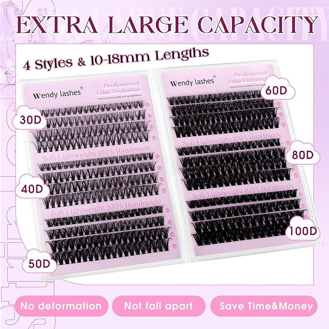 Lash Clusters 30D+40D+50D+60D+80D+100D Wispy Individual Lashes D-Curly Volume Lash Extensions 10-16mm Natural DIY Cluster Lashes for Beginners
