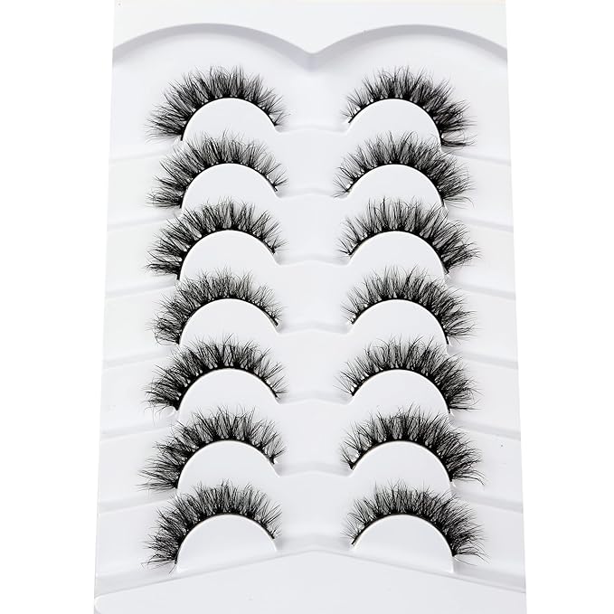 Pooplunch False Eyelashes Cat Eye Look Wispy Lashes Short Natural Crossed Extension Volume Fake Eyelashes 8D Faux Mink Strip Lashes 7 Pairs Pack