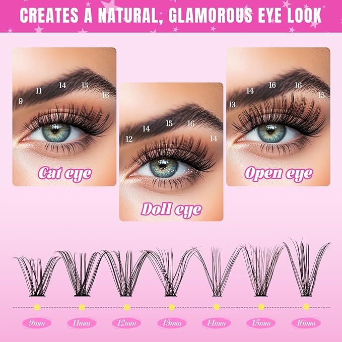 Lash Clusters Kit 320 Pcs DIY Individual Cluster Lashes D Curl Lash Extension Kit with Eyelash Bond and Seal, Remover, Tweezers Applicator Tool for False Eyelash Cluster Kit(20D+40D, Mix9-16mm Kit)