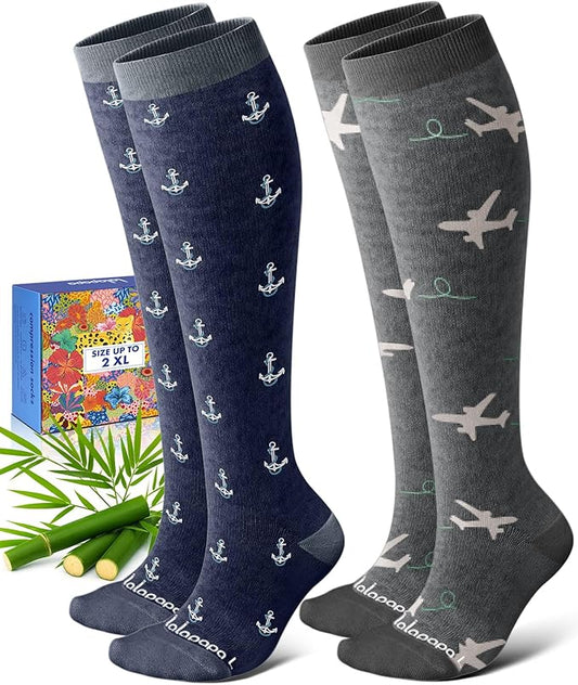 Lalapapa Bamboo Viscose Compression Socks for Women Men 2 Pairs 15-20mmHg Knee High Compression Socks Travel Nurse