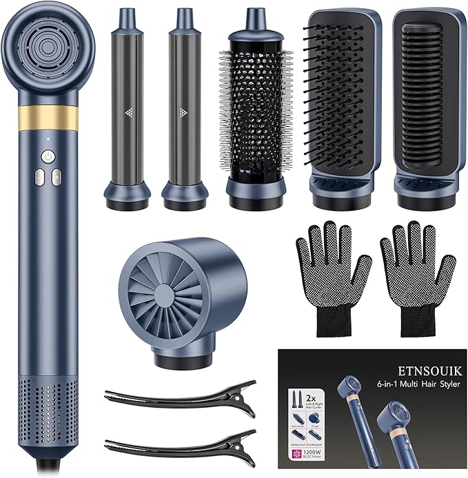 6-in-1 Hair Styler, Hair Dryer, Multi-Function Hot Air Brush Set, Ionic Blow Dryer with Interchangeable Attachments for Curling, Straightening, Volumizing, Gift for Women(Gemstone Blue)