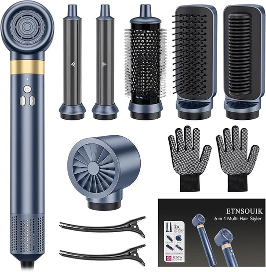 6-in-1 Hair Styler, Hair Dryer, Multi-Function Hot Air Brush Set, Ionic Blow Dryer with Interchangeable Attachments for Curling, Straightening, Volumizing, Gift for Women(Gemstone Blue)