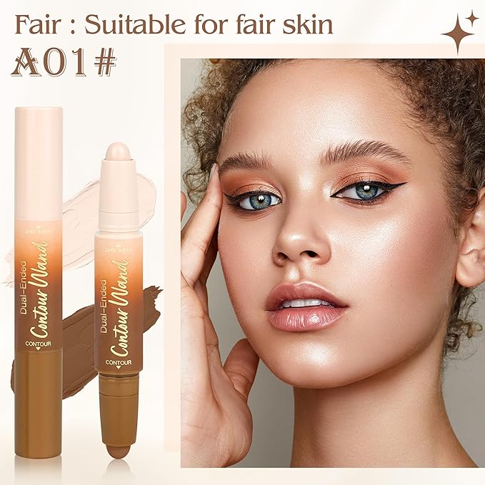 Contour Highlighter Stick，2-in-1 Dual-Ended Cream Bronzer & Highlighter Sticks Pen for Face Body Contouring Makeup- Buildable，Waterproof, Easy to Apply Suitable for Beginners，01Nuetral Nude + Beige