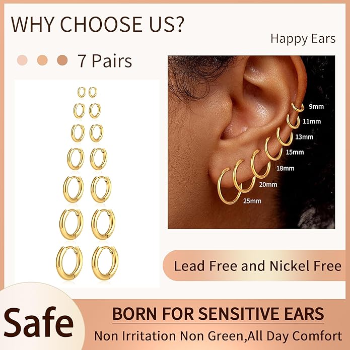 Eaciy 7 Pairs Gold Hoop Earrings for Women - 18K Gold Plated Hoop Earrings Set Lightweight Minimalist Small Hoops Hypoallergenic Thick Lightweight Earring for Women Jewelry Gifts