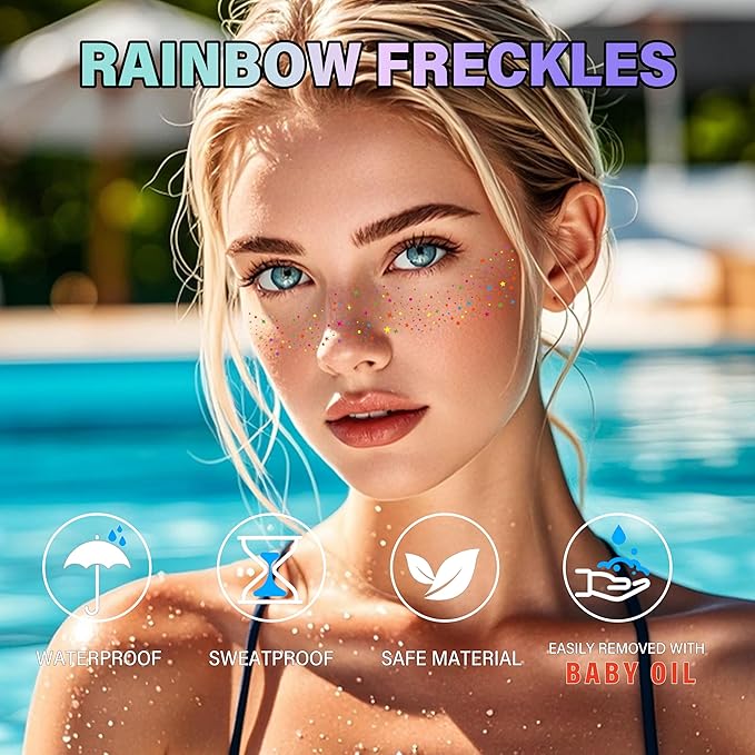 10 Pcs Colorful Glitter Freckles Face Tattoos, Carnival Multichrome Rainbow Glitter Freckles Face Tattoos, Waterproof and Long-lasting Face Temporary Tattoos for Women