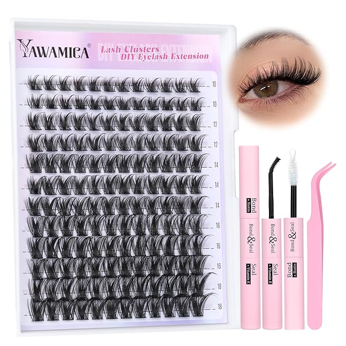 Yawamica Lash Extension Kit Wispy Lash Clusters Kit C Curly Eyelash Clusters 10-18mm Cluster Eyelash Extensions Kit Soft Individual Lashes DIY Lash Kit with Lash Cluster Glue Lash Tweezers by Self