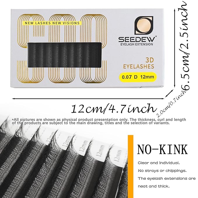 SEEDEW 3D Lash Extensions, 0.07mm C Curl 12mm 12 Rows/Tray, W Shape Flat Stem, Korean PBT Soft Natural False Eyelashes Grafting for Beginner Artist, Lash Tech, Beauty Salon(3D-Matte Black-0.07-C-12mm)