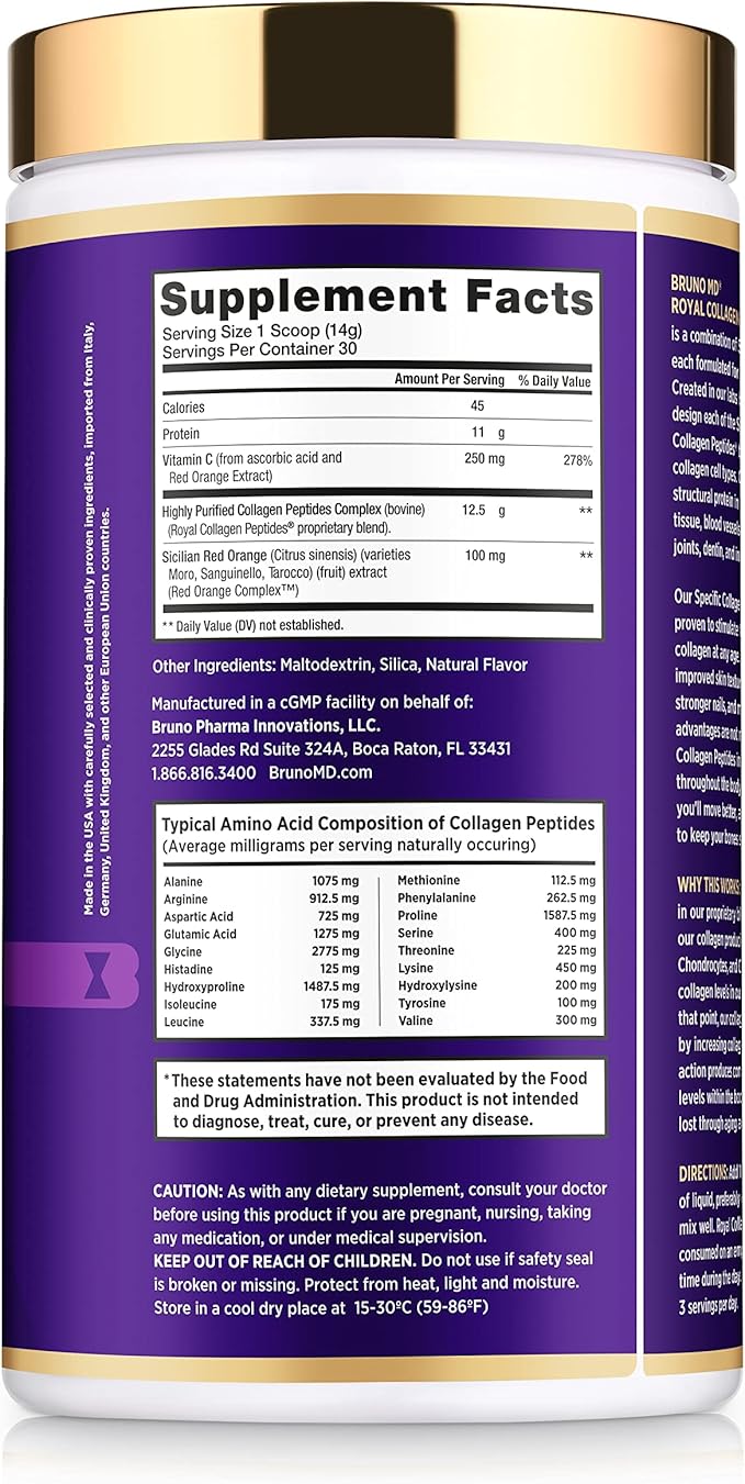 Bruno MD Royal Collagen Peptides, Clinically proven, Dietary Supplement, Improves Skin & Cellulite, European Sourced, Improves the Look of Hair & Nails, Blended with Vitamin C, Bone & Joint Supplement