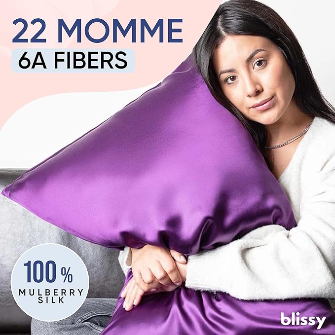 Blissy Silk Pillowcase - 100% Pure Mulberry Silk - 22 Momme 6A High-Grade Fibers - Silk Pillow Cover for Hair & Skin - Regular, Queen & King (Royal Purple, Queen)
