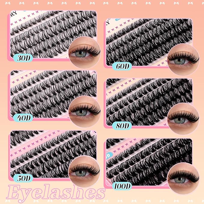 GEMERRY 565Pcs Lash Clusters D Curl Volume Eyelashes Clusters Extensions with Thin Band for DIY at home (30D+40D+50D+60D+80D+100D, 8-16mm)
