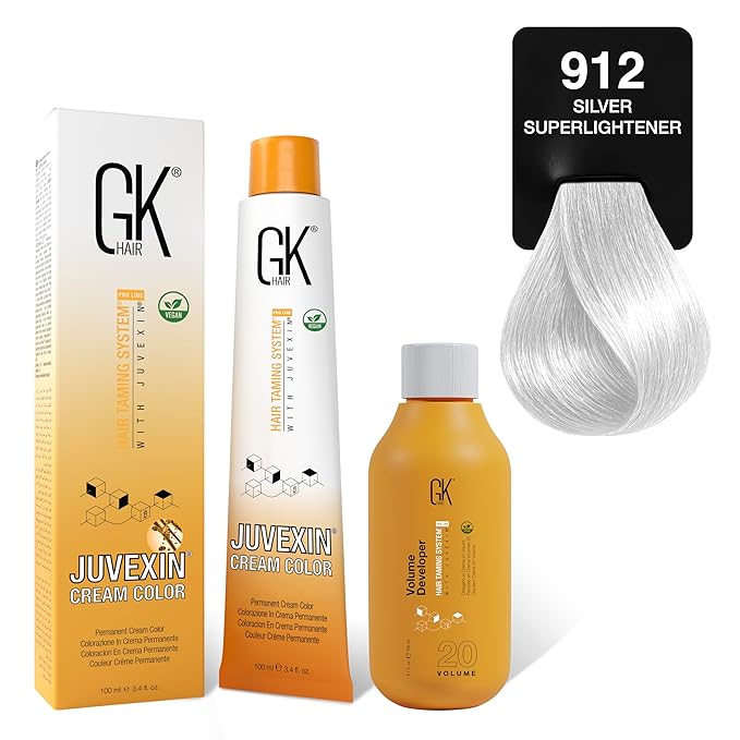 GK HAIR Global Keratin SuperLighteners 912 Silver Hair Color Cream Tube (3.4 Fl Oz/100ml) + 20 Volume Developer (5 Fl Oz/150ml) - Professional Permanent Long Lasting Toner Dye
