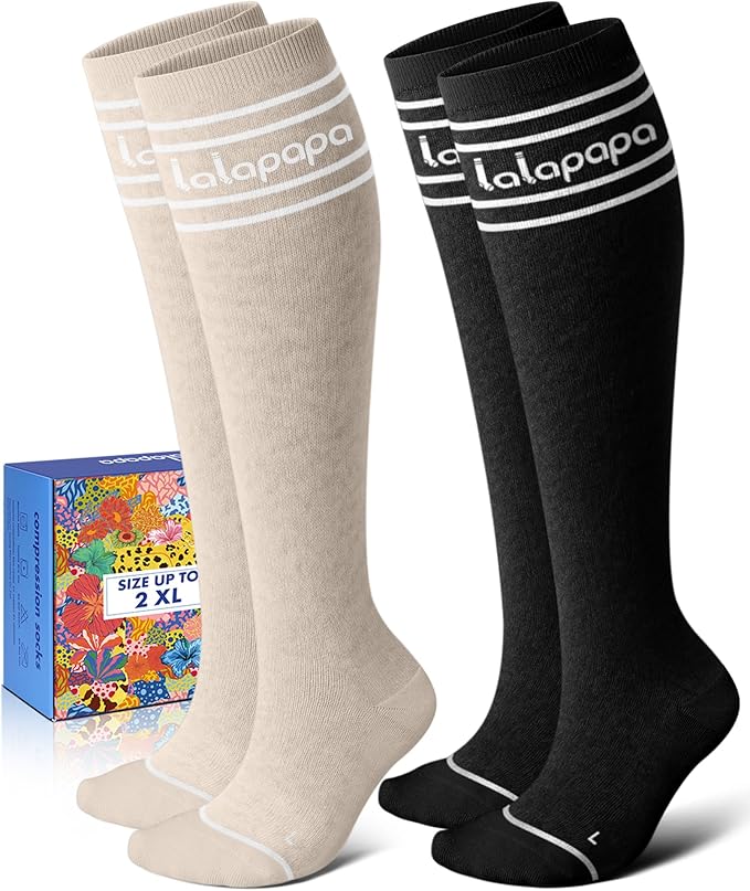 Lalapapa Thick Soft Cotton Compression Socks for Women Men 15-20mmHg Knee High Breathable Cotton Socks for All Day Comfort
