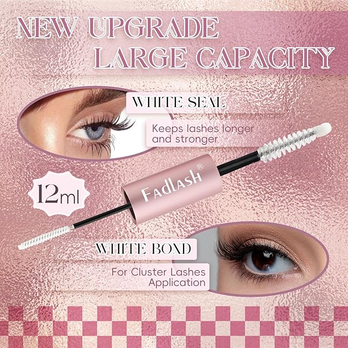FADLASH Lash Bond and Seal 12ml Waterproof Lash Cluster Glue for Eyelash Clusters Super Strong Hold 48-72 Hours Eyelash Glue Clear