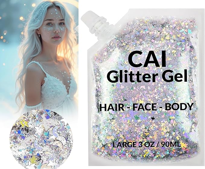 Face, Body & Hair Glitter Gel – Halloween Glitter for Kids and Women – 3 Oz Cosmetic-Grade Gel w/Moon & Stars for Festivals & Halloween Party, Easy Apply & Wash Off - Silver/Pink 2Pack