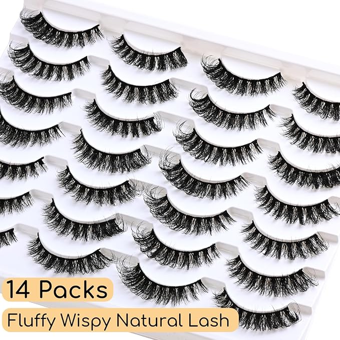 APCYUST Lashes Fluffy False Mink Eyelashes 14 Pairs Cat Eye Lashes Fake Russian Strip Eyelash Natural Lash Strips Eye Lashes Pack D Curl Short Lashes Natural Look Wispies Cateye Lashes for Women