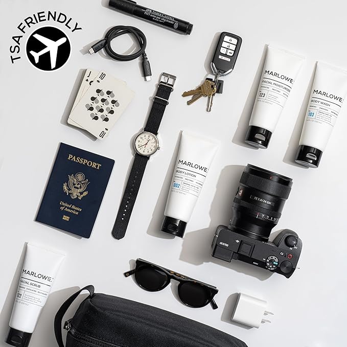 MARLOWE. Travel Essentials Kit, No. 103 Body Wash, No. 002 Body Lotion, No. 122 Facial Scrub & No. 123 Facial Moisturizer, Hydrating, Exfoliating & Nourishing Skin Care Set for All Skin Types