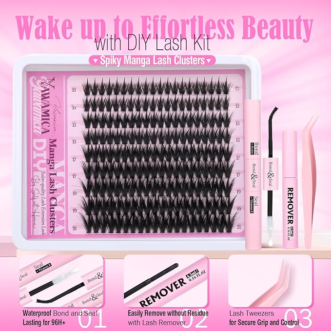 Yawamica Manga Lash Clusters Wispy Lash Extension Kit Spiky Fairy Eyelash Clusters Anime Cluster Eyelash Extensions Lashes Clusters Kit Build in Spikes with Lash Bond and Seal Remover DIY Lash at Home