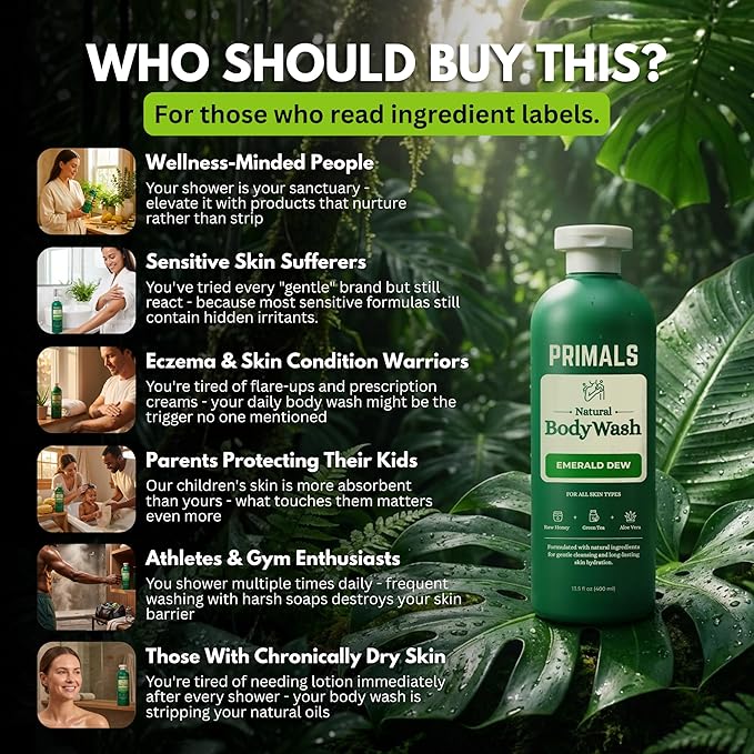 PRIMALS Natural Body Wash - Aloe Vera, Raw Honey, Green Tea - Natural Ingredients - Zero Artificial Fragrances, Sulfates, Parabens, or Dyes - 13.5 Fl Oz