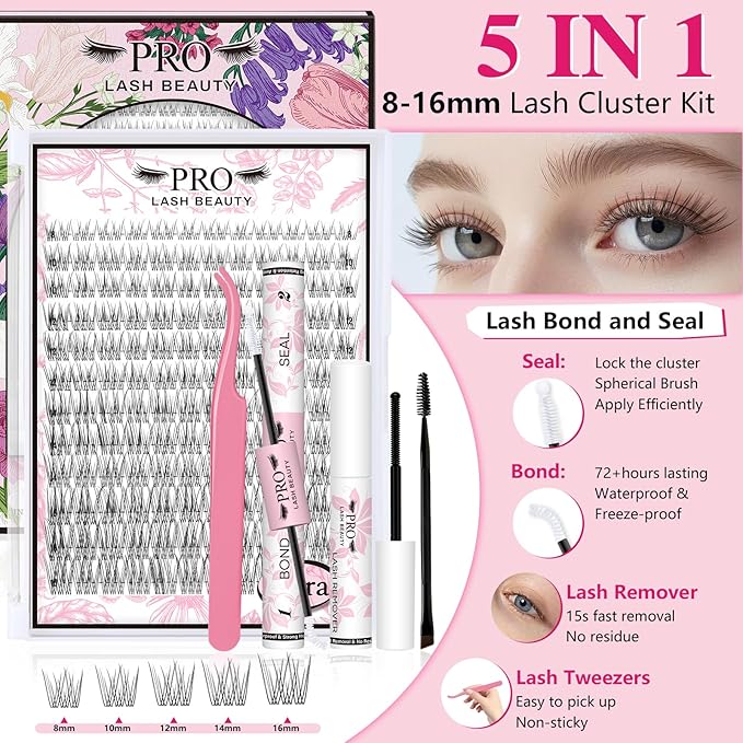 PRO LASHBEAUTY Natural Lash Clusters Kit Wispy Lash Clusters Invisible Band with Clear Lash Bond and Seal Lash Tweezer Lash Remover Eyelash Clusters Kit Waterproof Easy to Apply (Zora,8-16mix)