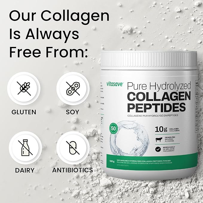 Vitasave Collagen Peptides Powder – 10g Hydrolyzed Collagen per Serving – Unflavored, Grass-Fed, Keto Friendly – Skin, Hair, Nails & Joint Support – 500g
