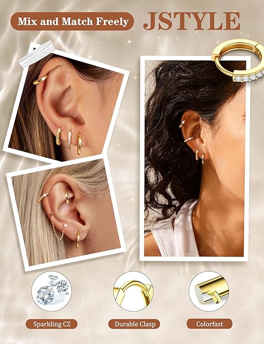 Jstyle Small Gold Hoop Earrings for Women Trendy 14K Gold Plated Huggie Earrings Hypoallergenic Cartilage Earring Stacks Cute Dainty Huggie Hoops Earring Sets for Multiple Piercing