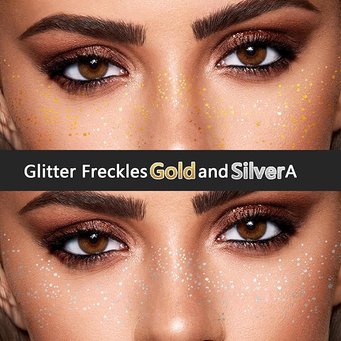24 PCS Glitter Freckles Face Tattoos, Gold Silver Face Makeup Speckle Patches Freckles, Halloween Tattoos Cosplay Party Makeup Accessories for Women Girl Kids, Cosmetic Glitter for Face
