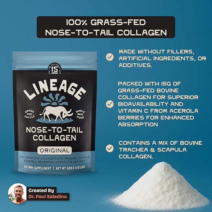 Lineage Provisions 100% Grass Fed Collagen Powder UNFLAVORED – Hydrolyzed Bovine Collagen Peptides with Trachea, Scapula, Eggshell Membrane – Collagen Protein Powder with Vitamin C – 30 Servings