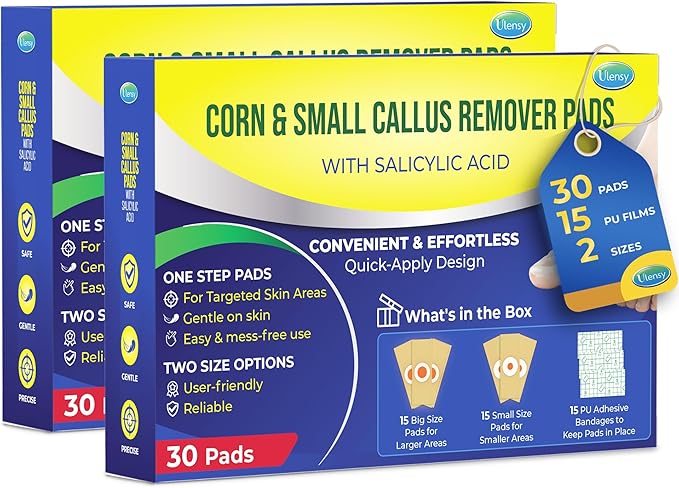 Ulensy Corn Remover Pads for Feet Toes: 2 Boxes of 30 Pack Salicylic Acid Extra Strength Treatment - Fast Effective Medicated Bandages for Kids Adults Seniors Teens Runners Workers Men Women 60 Blue