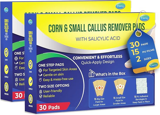 Ulensy Corn Remover Pads for Feet Toes: 2 Boxes of 30 Pack Salicylic Acid Extra Strength Treatment - Fast Effective Medicated Bandages for Kids Adults Seniors Teens Runners Workers Men Women 60 Blue