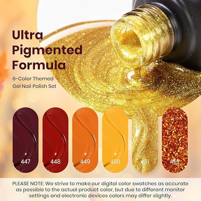 Beetles Fall Gel Nail Polish Set 6 Colors Gel Polish Red Orange Brown Gold Glitter Kit DIY Home Nail Art Manicure Kits UV LED Needed Gifts for Women Golden Blessing
