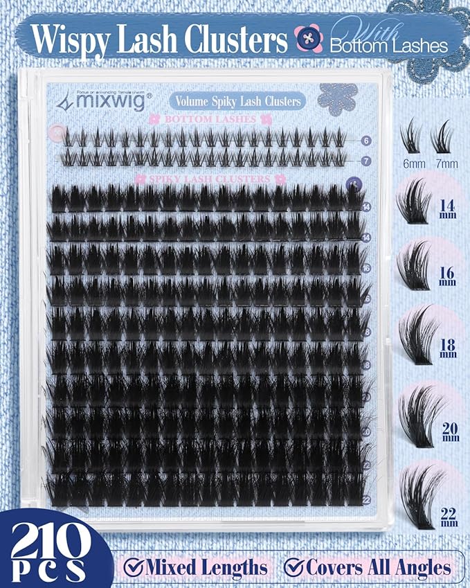 Wispy Lash Clusters Kit Spikes Volume Lash Extension Kit Spiky Eyelash Clusters with Bottom Lashes Thick Individual Lashes D Curly 6-22MM Cluster Lashes Bond and Seal Tweezers by Lvmixwig